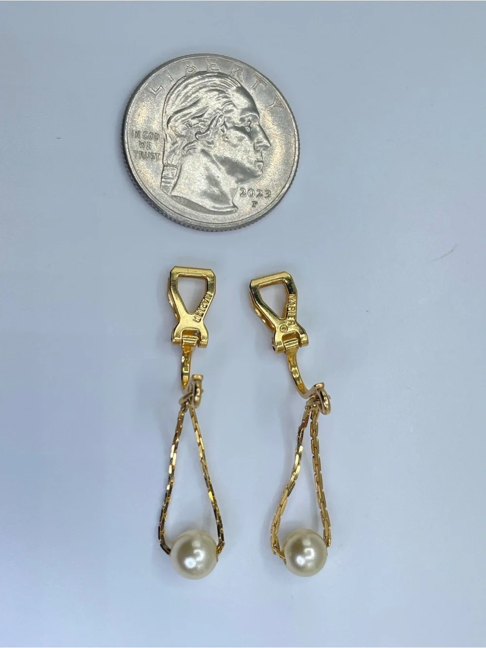 Napier Gold Tone Faux Pearl Dangle Clip On Earrings Vintage Classic